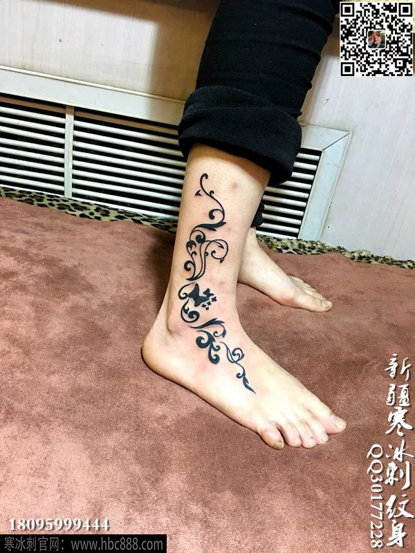 小腿豹头纹身图腾蒲公英纹身